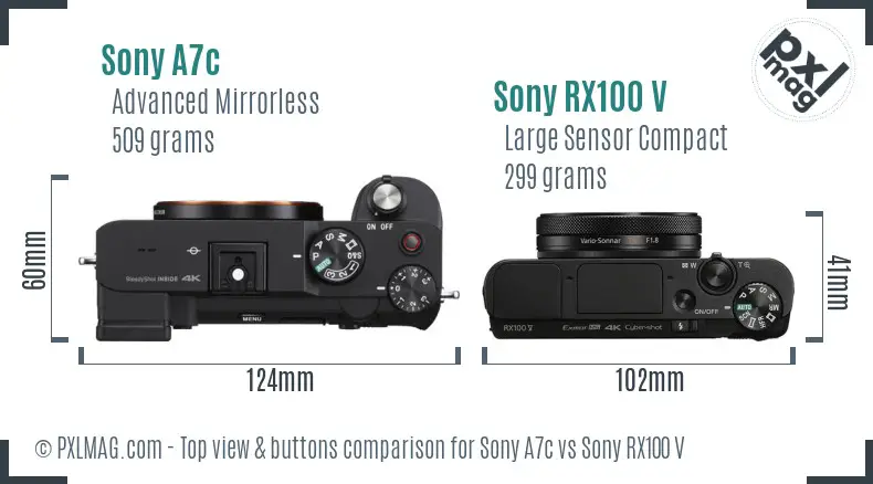 Sony A7c vs Sony RX100 V top view buttons comparison