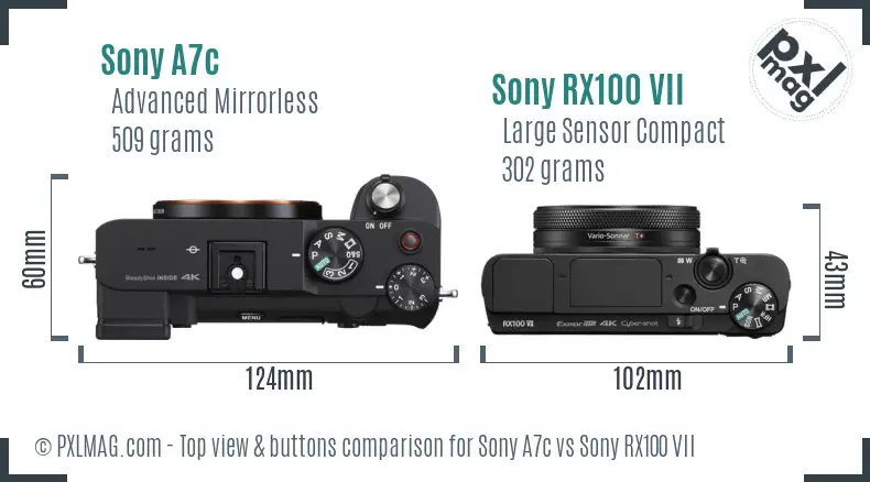 Sony A7c vs Sony RX100 VII top view buttons comparison