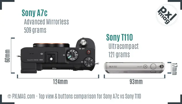 Sony A7c vs Sony T110 top view buttons comparison