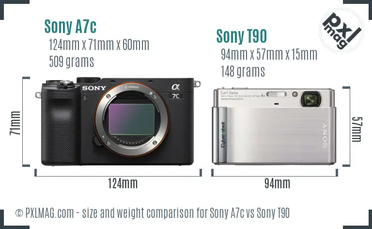 Sony A7c vs Sony T90 size comparison