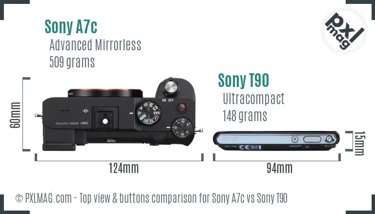 Sony A7c vs Sony T90 top view buttons comparison