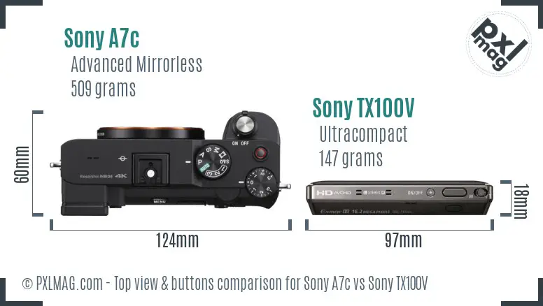 Sony A7c vs Sony TX100V top view buttons comparison