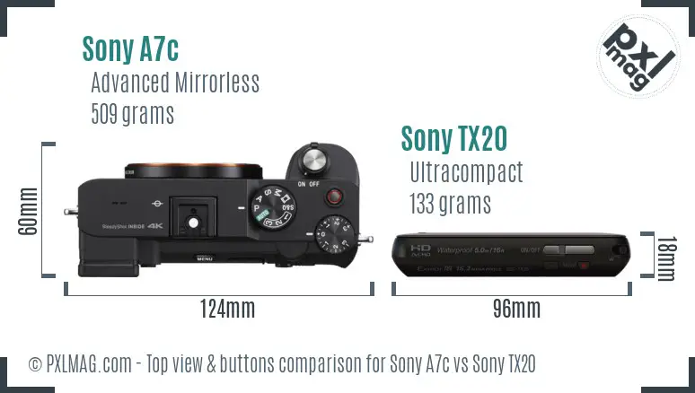 Sony A7c vs Sony TX20 top view buttons comparison