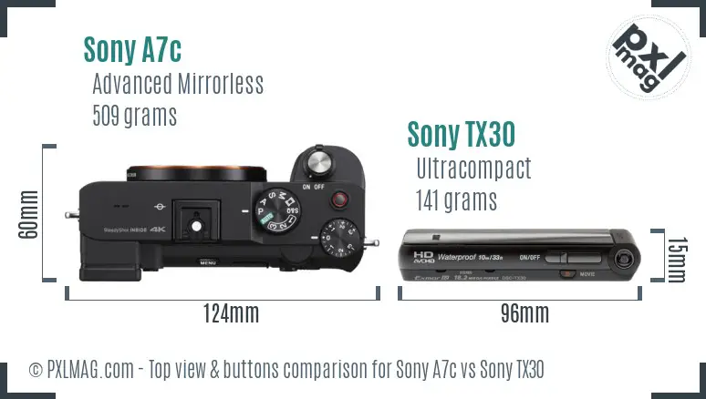 Sony A7c vs Sony TX30 top view buttons comparison