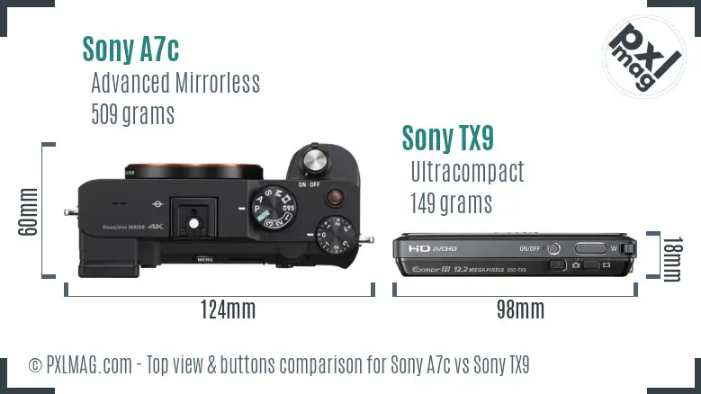 Sony A7c vs Sony TX9 top view buttons comparison