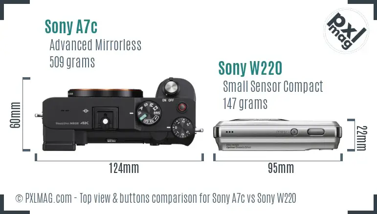 Sony A7c vs Sony W220 top view buttons comparison