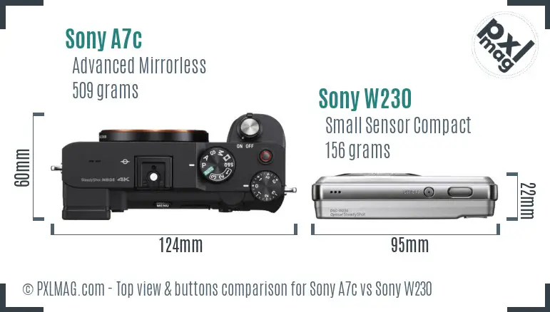 Sony A7c vs Sony W230 top view buttons comparison