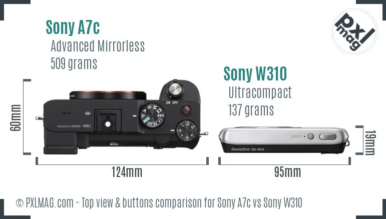 Sony A7c vs Sony W310 top view buttons comparison