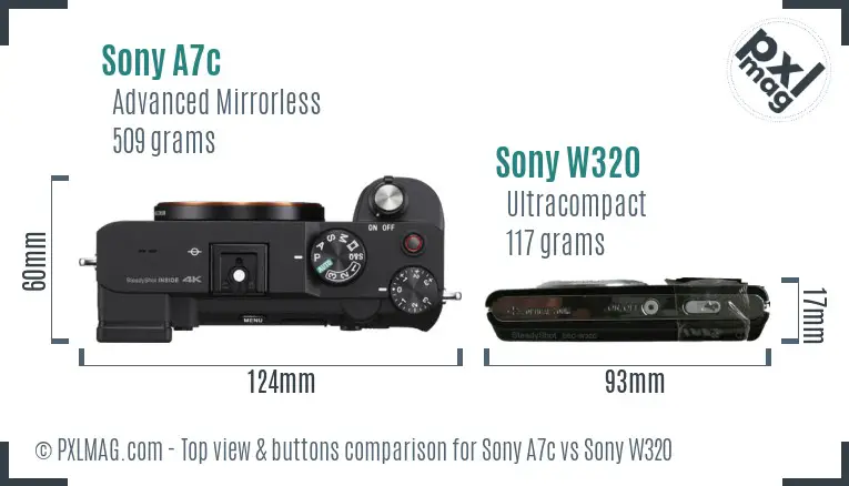 Sony A7c vs Sony W320 top view buttons comparison