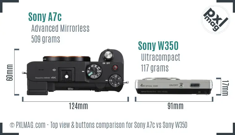 Sony A7c vs Sony W350 top view buttons comparison