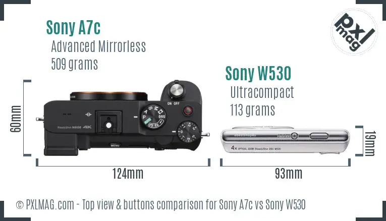 Sony A7c vs Sony W530 top view buttons comparison