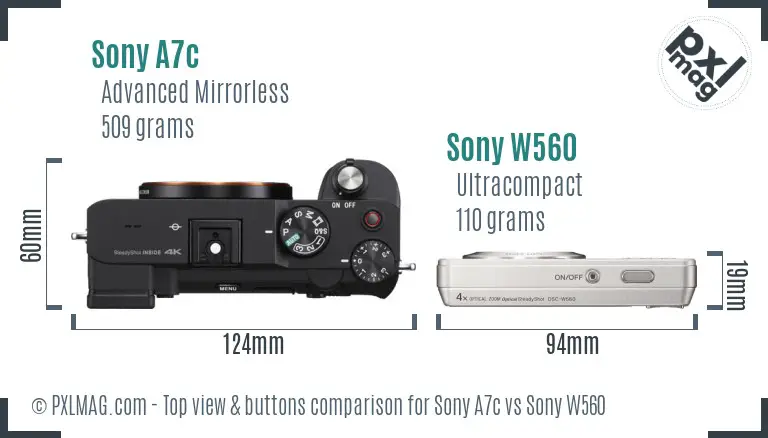 Sony A7c vs Sony W560 top view buttons comparison