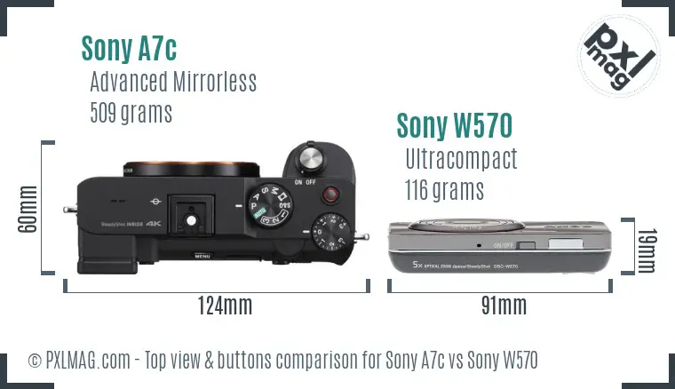 Sony A7c vs Sony W570 top view buttons comparison