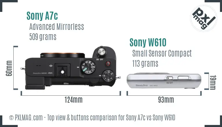 Sony A7c vs Sony W610 top view buttons comparison