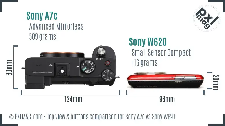 Sony A7c vs Sony W620 top view buttons comparison