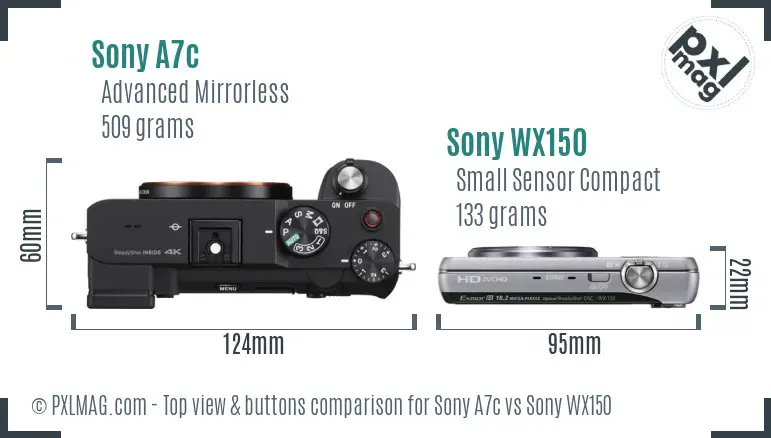Sony A7c vs Sony WX150 top view buttons comparison