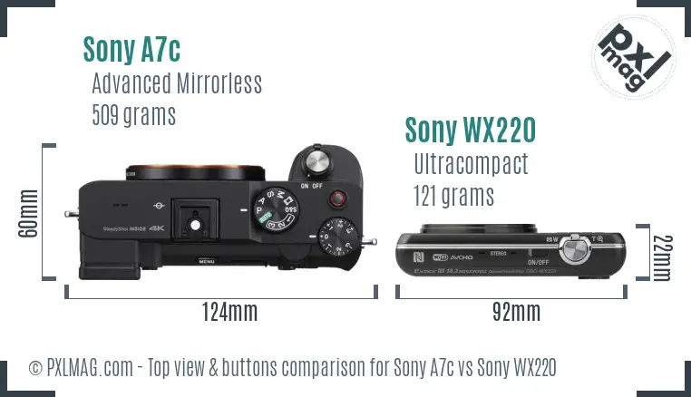 Sony A7c vs Sony WX220 top view buttons comparison