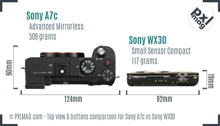 Sony A7c vs Sony WX30 top view buttons comparison