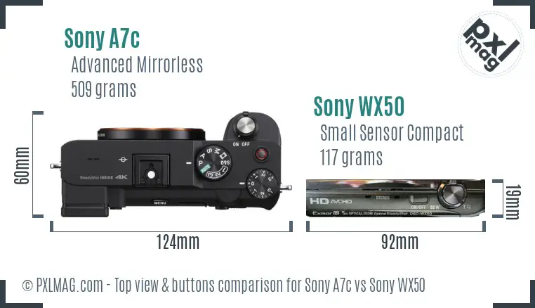 Sony A7c vs Sony WX50 top view buttons comparison