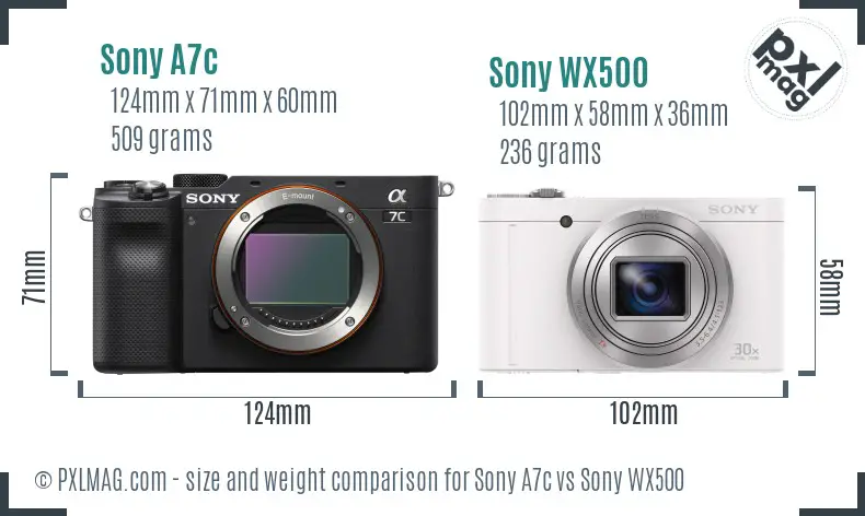 Sony A7c vs Sony WX500 size comparison