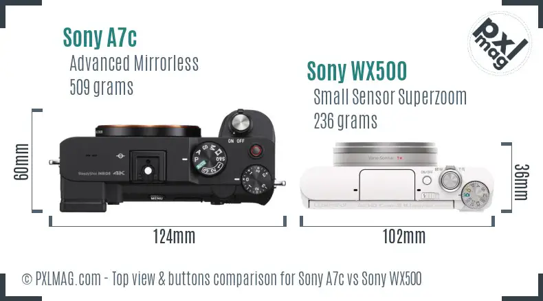 Sony A7c vs Sony WX500 top view buttons comparison