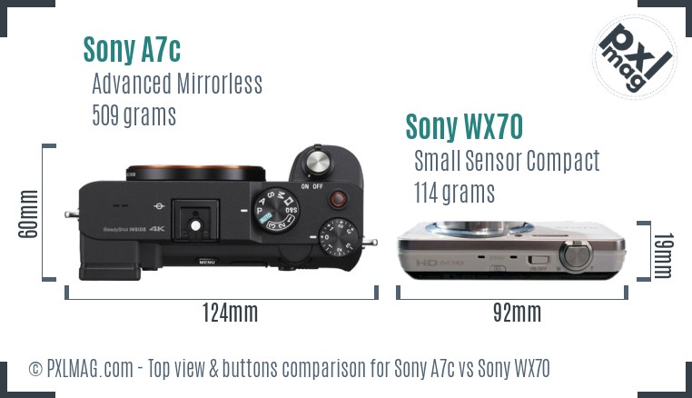 Sony A7c vs Sony WX70 top view buttons comparison