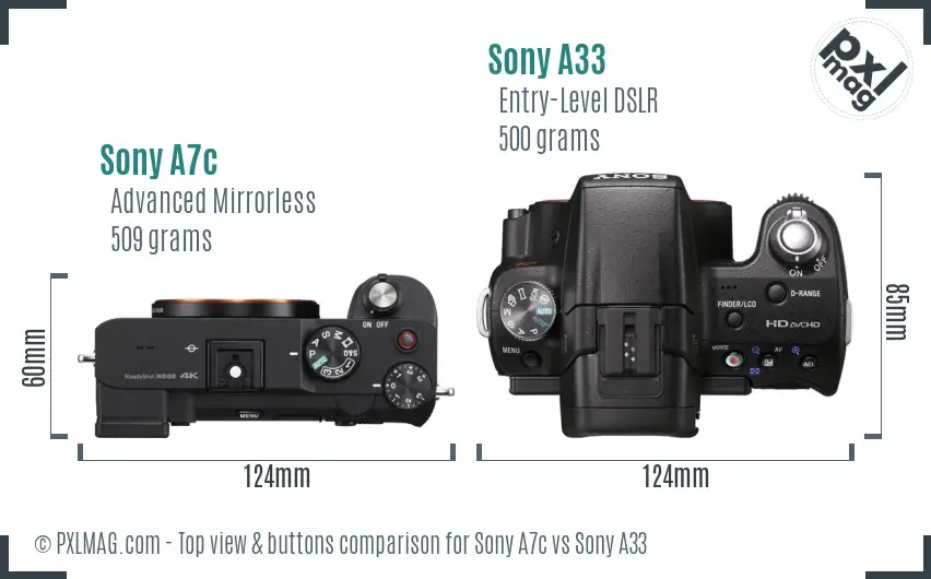 Sony A7c vs Sony A33 top view buttons comparison