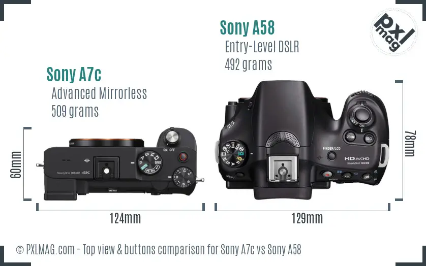 Sony A7c vs Sony A58 top view buttons comparison