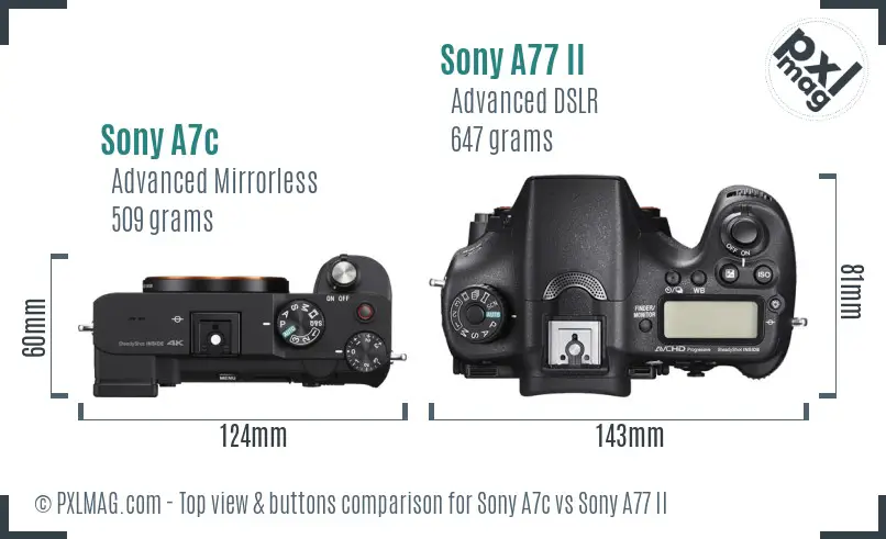 Sony A7c vs Sony A77 II top view buttons comparison