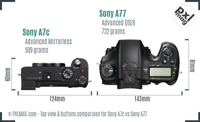 Sony A7c vs Sony A77 top view buttons comparison