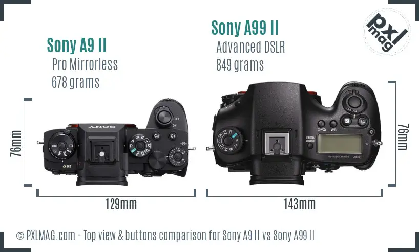 Sony A9 II vs Sony A99 II top view buttons comparison