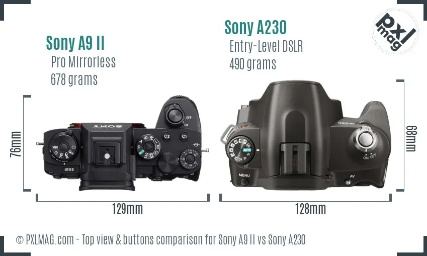 Sony A9 II vs Sony A230 top view buttons comparison