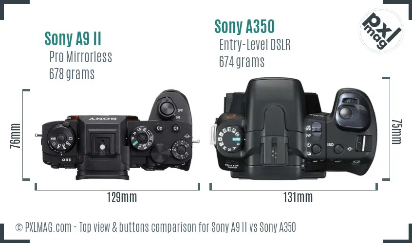 Sony A9 II vs Sony A350 top view buttons comparison