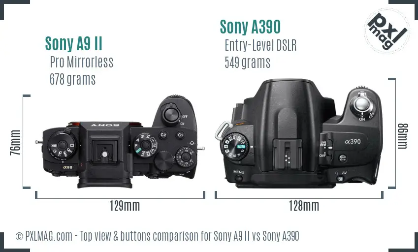 Sony A9 II vs Sony A390 top view buttons comparison