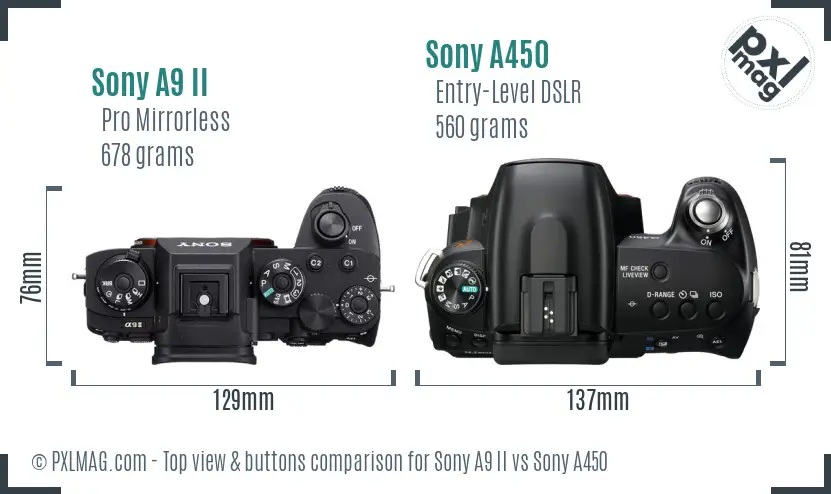 Sony A9 II vs Sony A450 top view buttons comparison