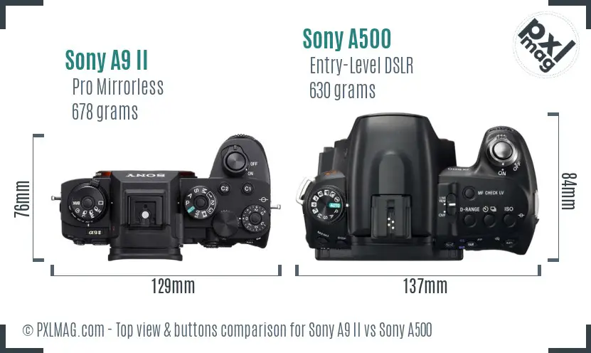 Sony A9 II vs Sony A500 top view buttons comparison