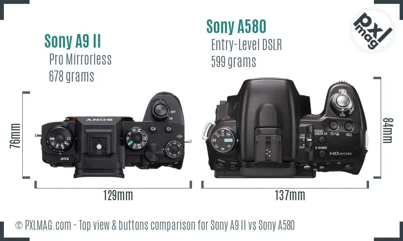 Sony A9 II vs Sony A580 top view buttons comparison