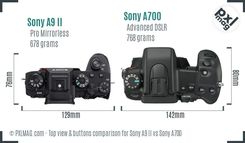 Sony A9 II vs Sony A700 top view buttons comparison