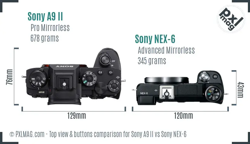Sony A9 II vs Sony NEX-6 top view buttons comparison