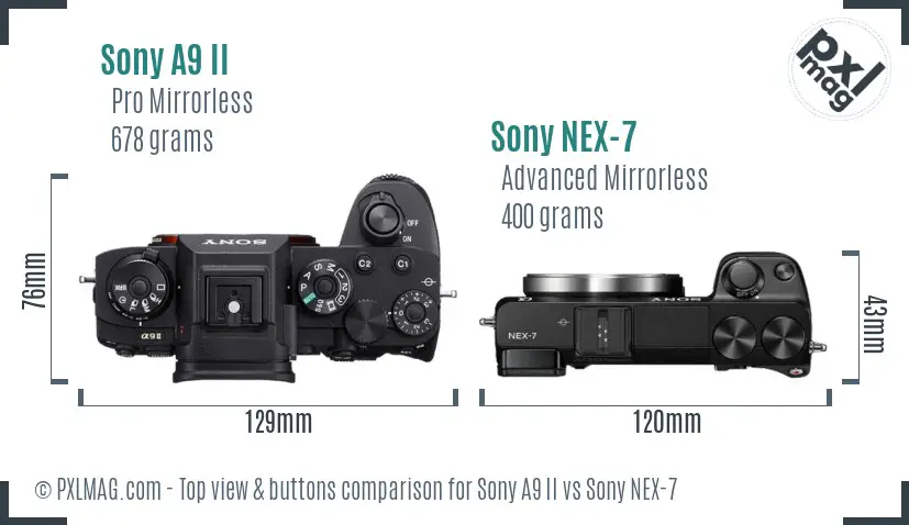 Sony A9 II vs Sony NEX-7 top view buttons comparison