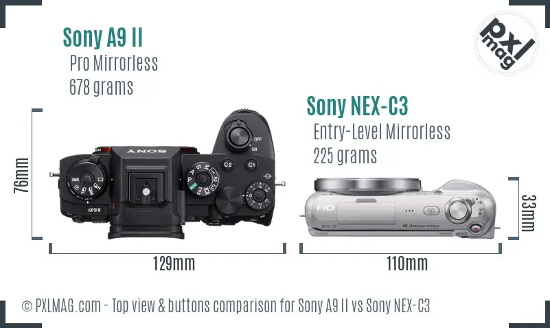Sony A9 II vs Sony NEX-C3 top view buttons comparison