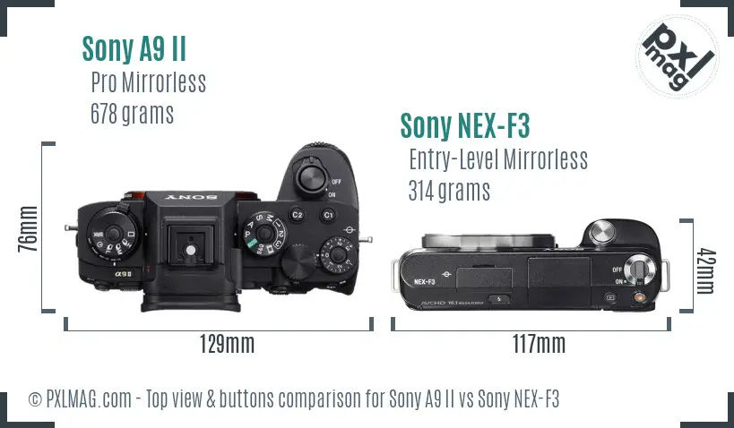 Sony A9 II vs Sony NEX-F3 top view buttons comparison