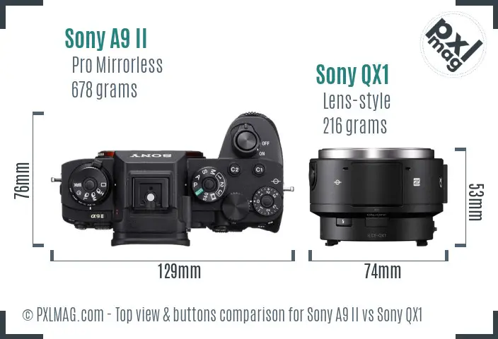 Sony A9 II vs Sony QX1 top view buttons comparison