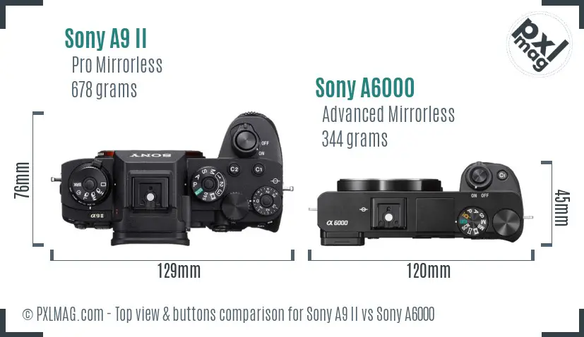 Sony A9 II vs Sony A6000 top view buttons comparison