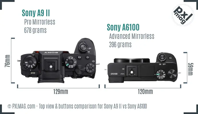Sony A9 II vs Sony A6100 top view buttons comparison