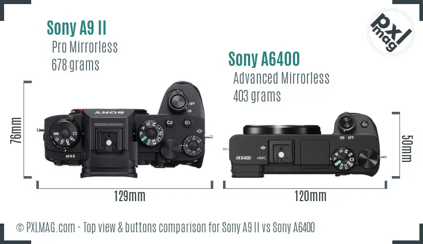 Sony A9 II vs Sony A6400 top view buttons comparison