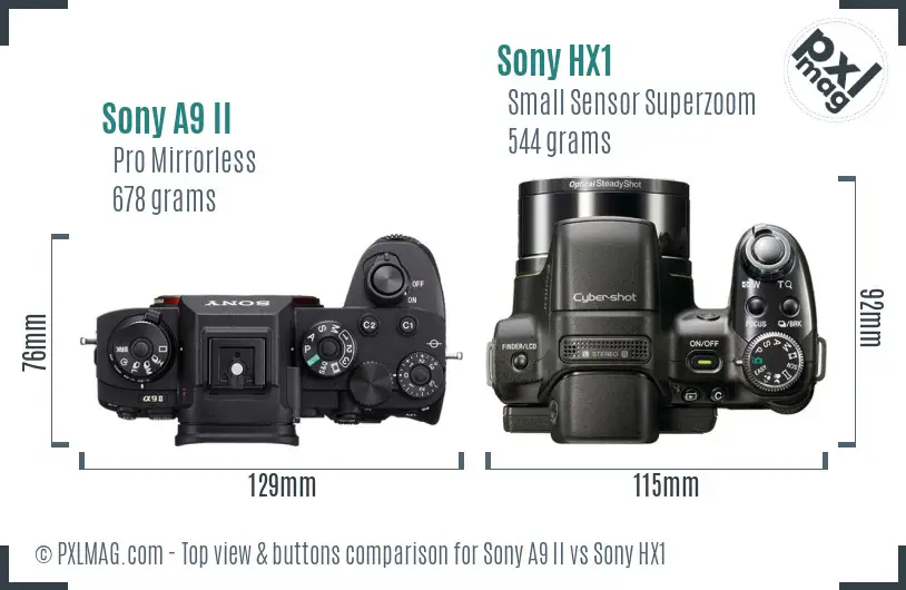 Sony A9 II vs Sony HX1 top view buttons comparison