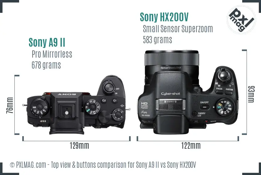 Sony A9 II vs Sony HX200V top view buttons comparison