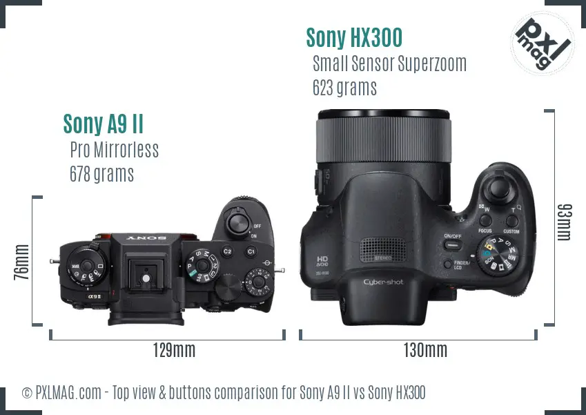 Sony A9 II vs Sony HX300 top view buttons comparison