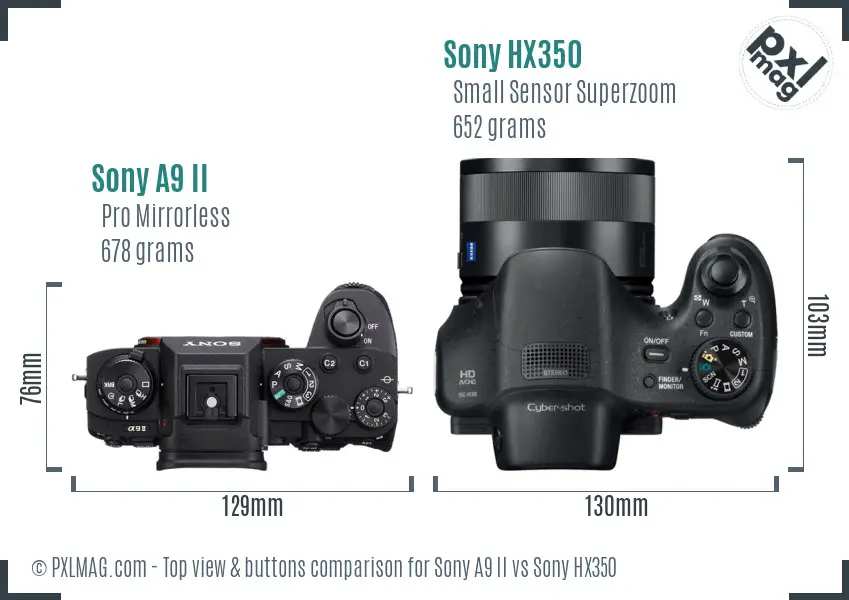 Sony A9 II vs Sony HX350 top view buttons comparison